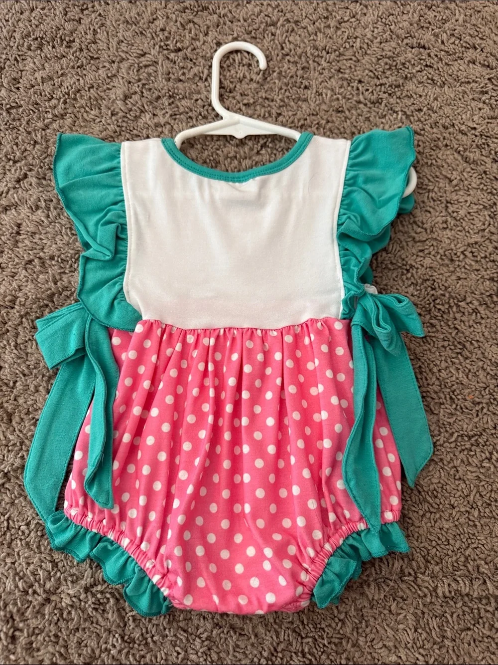 Disney Pink Polka Dot One-Piece Romper with Teal Ruffle Sleeves